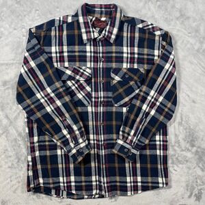 FiveBrother Mens XL Plaid Heavyweight Flannel Button up Shirt Navy Blue White